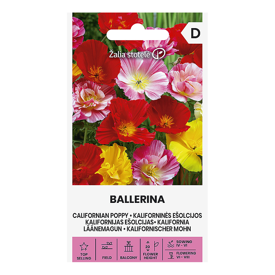 Ešolcijas kalifornijas BALLERINA, Ešolciju sēklas, Eschscholzia Californica